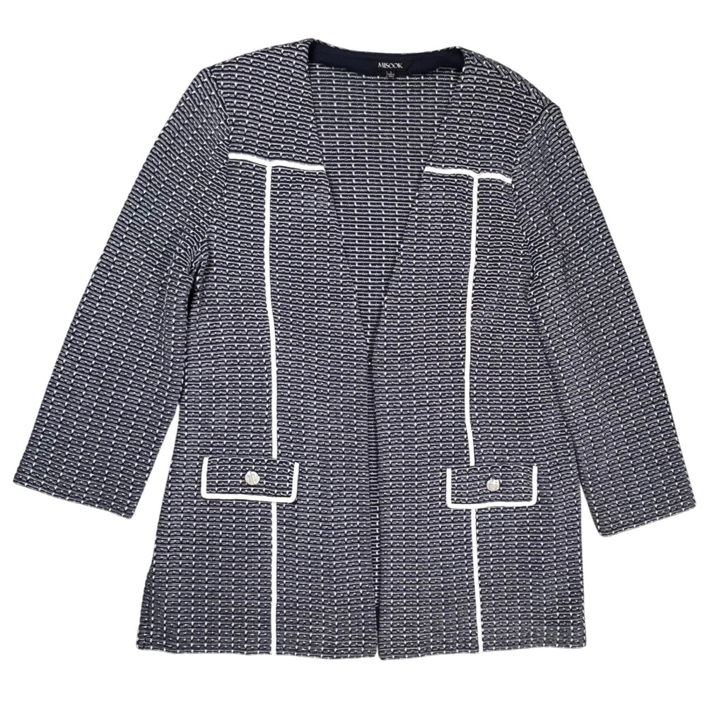 Misook Knit Jacket Womens Large Navy White Textured Academia Office Professional